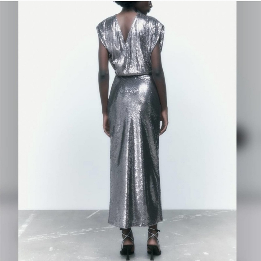 Zara SEQUIN SILVER LONG DRESS GOWN Size S - Picture 15 of 16